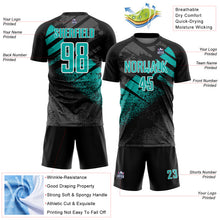 Laden Sie das Bild in den Galerie-Viewer, Custom Black Aqua-White Grunge Splatter Brush Stroke Sublimation Soccer Uniform Jersey
