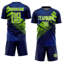 Laden Sie das Bild in den Galerie-Viewer, Custom Navy Neon Green-White Grunge Splatter Brush Stroke Sublimation Soccer Uniform Jersey
