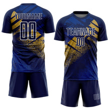 Load image into Gallery viewer, Custom Navy Old Gold-White Grunge Splatter Brush Stroke Sublimation Soccer Uniform Jersey
