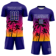 Charger l'image dans la galerie, Custom Dark Purple Hot Pink Gold-White Tropical Hawaii Palm Trees Gradient Sublimation Soccer Uniform Jersey
