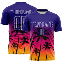 Charger l'image dans la galerie, Custom Dark Purple Hot Pink Gold-White Tropical Hawaii Palm Trees Gradient Sublimation Soccer Uniform Jersey
