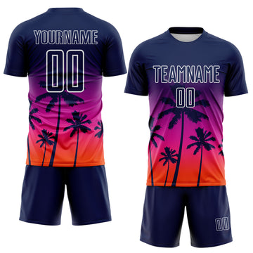 Custom Navy Deep Pink Orange-White Tropical Hawaii Palm Trees Gradient Sublimation Soccer Uniform Jersey