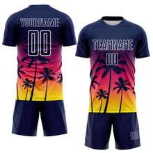 Load image into Gallery viewer, Custom Navy Neon Pink Light Yellow-White Tropical Hawaii Palm Trees Gradient Sublimation Soccer Uniform Jersey
