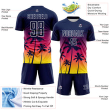 Load image into Gallery viewer, Custom Navy Neon Pink Light Yellow-White Tropical Hawaii Palm Trees Gradient Sublimation Soccer Uniform Jersey
