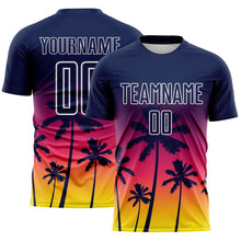 Load image into Gallery viewer, Custom Navy Neon Pink Light Yellow-White Tropical Hawaii Palm Trees Gradient Sublimation Soccer Uniform Jersey
