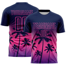 Laden Sie das Bild in den Galerie-Viewer, Custom Navy Pink-Purple Tropical Hawaii Palm Trees Gradient Sublimation Soccer Uniform Jersey
