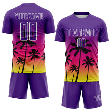 Custom Purple Hot Pink Neon Yellow-White Tropical Hawaii Palm Trees Gradient Sublimation Soccer Uniform Jersey