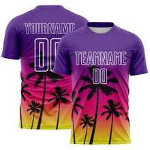 Load image into Gallery viewer, Custom Purple Hot Pink Neon Yellow-White Tropical Hawaii Palm Trees Gradient Sublimation Soccer Uniform Jersey

