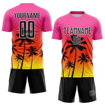 Custom Pink Black Orange Light Yellow-White Tropical Hawaii Palm Trees Gradient Sublimation Soccer Uniform Jersey