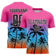 Load image into Gallery viewer, Custom Pink Black Sky Blue Orange-White Tropical Hawaii Palm Trees Gradient Sublimation Soccer Uniform Jersey
