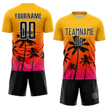 Load image into Gallery viewer, Custom Gold Black Orange Hot Pink-White Tropical Hawaii Palm Trees Gradient Sublimation Soccer Uniform Jersey
