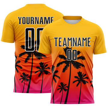 Custom Gold Black Orange Hot Pink-White Tropical Hawaii Palm Trees Gradient Sublimation Soccer Uniform Jersey