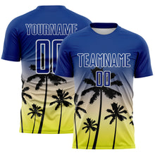 Load image into Gallery viewer, Custom Royal Cream Neon Yellow-White Tropical Hawaii Palm Trees Gradient Sublimation Soccer Uniform Jersey
