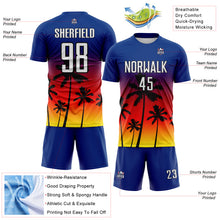 Laden Sie das Bild in den Galerie-Viewer, Custom Royal White Fire Red Light Yellow-Black Tropical Hawaii Palm Trees Gradient Sublimation Soccer Uniform Jersey
