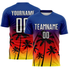 Laden Sie das Bild in den Galerie-Viewer, Custom Royal White Fire Red Light Yellow-Black Tropical Hawaii Palm Trees Gradient Sublimation Soccer Uniform Jersey
