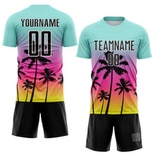 Laden Sie das Bild in den Galerie-Viewer, Custom Ice Blue Black Pink Neon Yellow-White Tropical Hawaii Palm Trees Gradient Sublimation Soccer Uniform Jersey

