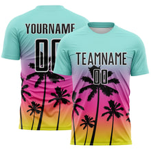 Laden Sie das Bild in den Galerie-Viewer, Custom Ice Blue Black Pink Neon Yellow-White Tropical Hawaii Palm Trees Gradient Sublimation Soccer Uniform Jersey
