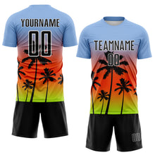 Laden Sie das Bild in den Galerie-Viewer, Custom Light Blue Black Orange Neon Green-White Tropical Hawaii Palm Trees Gradient Sublimation Soccer Uniform Jersey
