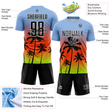 Laden Sie das Bild in den Galerie-Viewer, Custom Light Blue Black Orange Neon Green-White Tropical Hawaii Palm Trees Gradient Sublimation Soccer Uniform Jersey
