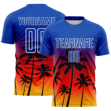 Load image into Gallery viewer, Custom Thunder Blue Fire Red Yellow-White Tropical Hawaii Palm Trees Gradient Sublimation Soccer Uniform Jersey
