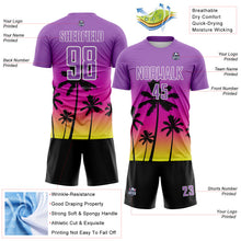 Laden Sie das Bild in den Galerie-Viewer, Custom Medium Purple Deep Pink Neon Yellow White-Black Tropical Hawaii Palm Trees Gradient Sublimation Soccer Uniform Jersey
