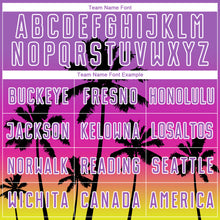 Laden Sie das Bild in den Galerie-Viewer, Custom Medium Purple Deep Pink Neon Yellow White-Black Tropical Hawaii Palm Trees Gradient Sublimation Soccer Uniform Jersey
