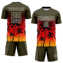 Load image into Gallery viewer, Custom Olive Fire Red Gold-White Tropical Hawaii Palm Trees Gradient Sublimation Soccer Uniform Jersey
