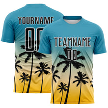 Laden Sie das Bild in den Galerie-Viewer, Custom Panther Blue Black Cream Gold-White Tropical Hawaii Palm Trees Gradient Sublimation Soccer Uniform Jersey
