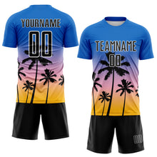 Load image into Gallery viewer, Custom Blue Black Light Pink Gold-White Tropical Hawaii Palm Trees Gradient Sublimation Soccer Uniform Jersey
