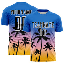 Load image into Gallery viewer, Custom Blue Black Light Pink Gold-White Tropical Hawaii Palm Trees Gradient Sublimation Soccer Uniform Jersey
