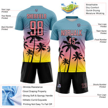 Load image into Gallery viewer, Custom Shadow Blue Medium Pink Light Yellow-Black Tropical Hawaii Palm Trees Gradient Sublimation Soccer Uniform Jersey
