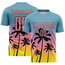 Load image into Gallery viewer, Custom Shadow Blue Medium Pink Light Yellow-Black Tropical Hawaii Palm Trees Gradient Sublimation Soccer Uniform Jersey
