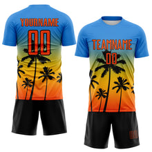 Laden Sie das Bild in den Galerie-Viewer, Custom Powder Blue Orange Gold-Black Tropical Hawaii Palm Trees Gradient Sublimation Soccer Uniform Jersey
