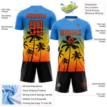 Laden Sie das Bild in den Galerie-Viewer, Custom Powder Blue Orange Gold-Black Tropical Hawaii Palm Trees Gradient Sublimation Soccer Uniform Jersey
