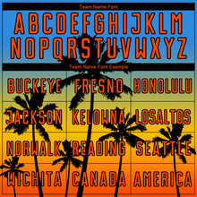 Laden Sie das Bild in den Galerie-Viewer, Custom Powder Blue Orange Gold-Black Tropical Hawaii Palm Trees Gradient Sublimation Soccer Uniform Jersey
