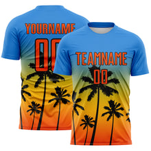 Laden Sie das Bild in den Galerie-Viewer, Custom Powder Blue Orange Gold-Black Tropical Hawaii Palm Trees Gradient Sublimation Soccer Uniform Jersey

