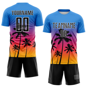 Custom Powder Blue Black Neon Pink Gold-White Tropical Hawaii Palm Trees Gradient Sublimation Soccer Uniform Jersey