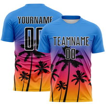 Load image into Gallery viewer, Custom Powder Blue Black Neon Pink Gold-White Tropical Hawaii Palm Trees Gradient Sublimation Soccer Uniform Jersey
