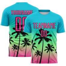 Load image into Gallery viewer, Custom Lakes Blue Pink Pea Green-Black Tropical Hawaii Palm Trees Gradient Sublimation Soccer Uniform Jersey
