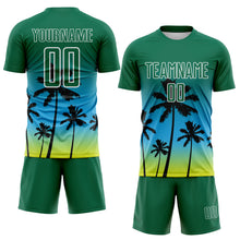 Laden Sie das Bild in den Galerie-Viewer, Custom Kelly Green Sky Blue Neon Yellow-White Tropical Hawaii Palm Trees Gradient Sublimation Soccer Uniform Jersey
