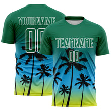 Laden Sie das Bild in den Galerie-Viewer, Custom Kelly Green Sky Blue Neon Yellow-White Tropical Hawaii Palm Trees Gradient Sublimation Soccer Uniform Jersey
