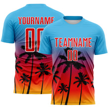 Загрузить изображение в средство просмотра галереи, Custom Sky Blue Fire Red Gold White-Black Tropical Hawaii Palm Trees Gradient Sublimation Soccer Uniform Jersey

