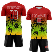 Load image into Gallery viewer, Custom Red Neon Green Gold White-Black Tropical Hawaii Palm Trees Gradient Sublimation Soccer Uniform Jersey
