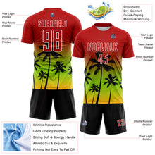Load image into Gallery viewer, Custom Red Neon Green Gold White-Black Tropical Hawaii Palm Trees Gradient Sublimation Soccer Uniform Jersey
