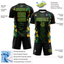 Load image into Gallery viewer, Custom Black Kelly Green-Gold Geometric Shard Grunge Splash Sublimation Soccer Uniform Jersey
