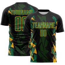 Load image into Gallery viewer, Custom Black Kelly Green-Gold Geometric Shard Grunge Splash Sublimation Soccer Uniform Jersey
