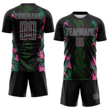 Load image into Gallery viewer, Custom Black Kelly Green-Pink Geometric Shard Grunge Splash Sublimation Soccer Uniform Jersey

