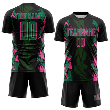 Custom Black Kelly Green-Pink Geometric Shard Grunge Splash Sublimation Soccer Uniform Jersey