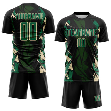 Custom Black Kelly Green-Cream Geometric Shard Grunge Splash Sublimation Soccer Uniform Jersey