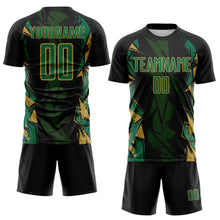 Laden Sie das Bild in den Galerie-Viewer, Custom Black Kelly Green-Old Gold Geometric Shard Grunge Splash Sublimation Soccer Uniform Jersey
